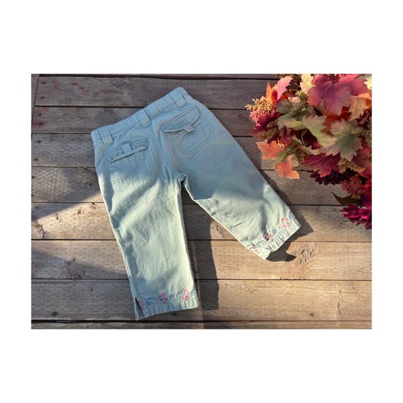 Woolco Mint Green Capri Pants Pink Embroidery Trim 100% Cotton Sz 5 - Picture 6 of 7